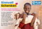Ein lächelndes Mädchen in einem roten Kleid hält eine braun-weiße Ziege. Der deutsche Text wirbt für sinnvolle und nachhaltige Geschenke durch das Produkt von Plan International, den Allgemeinen Flyer "Sinnvoll Schenken".