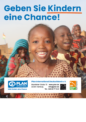 Das Plan-Plakat "Geben Sie Kindern eine Chance" A3 zeigt lachende Kinder im Freien mit einem Mädchen im Vordergrund und einem deutschen Text darüber. Unten finden Sie die Kontaktdaten von Plan International Deutschland e.V.
