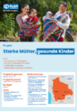 Drei bolivianische Mütter mit Kindern in bunten Tüchern lächeln im Freien. Darunter zeigt eine Infografik "Produktbeschreibung: Bolivien - Starke Mütter, gesunde Kinder" mit einer Bolivien-Karte und Projektzielen.
