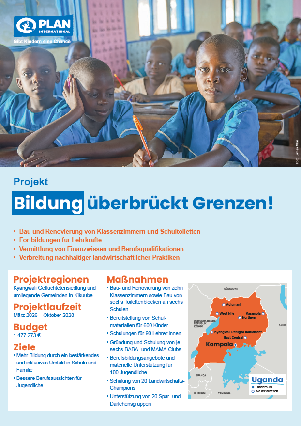 Klar! Hier ist der überarbeitete Satz auf der Grundlage Ihrer Produktdaten: Eine Gruppe von Kindern in einem Klassenzimmer, wobei ein Kind in ein Heft schreibt. Nachfolgend finden Sie Informationen zum Projekt „Projektbeschreibung: Uganda – Bildung überbrückt Grenzen“, das die Bildung in Uganda fördert und Angaben zu Zielen, Projektregionen, Laufzeit, Budgetdetails sowie eine Karte enthält.